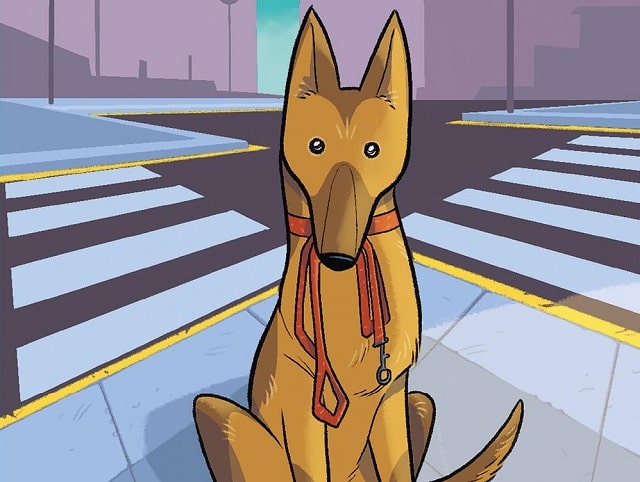 Sulla copertina di Il cane in città di Alessandra Piccolo c'è l'illustrazione di un cane con le orecchie dritte che tiene in bocca un guinzaglio mentre aspetta a un incrocio in città