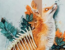 Sulla copertina di Edimburgo di Alexander Chee è rappresenta l'illustrazione di una volpe sdraiata in mezzo a foglie verdi, sulla cui schiena è poggiata la colonna vertebrale esposta