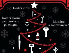 Sulla copertina di A cena con l'assassino di Alexandra Benedict c'è un albero di natale stilizzato con appese, come decorazioni, otto chiavi, un coltello e una bottiglia di veleno