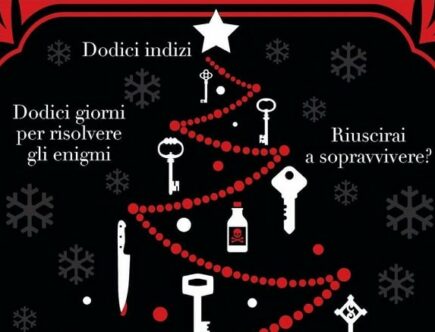 Sulla copertina di A cena con l'assassino di Alexandra Benedict c'è un albero di natale stilizzato con appese, come decorazioni, otto chiavi, un coltello e una bottiglia di veleno