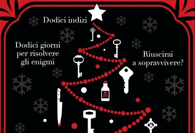 Sulla copertina di A cena con l'assassino di Alexandra Benedict c'è un albero di natale stilizzato con appese, come decorazioni, otto chiavi, un coltello e una bottiglia di veleno