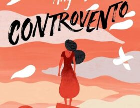 Sulla copertina di Controvento di Ángeles Caso c'è un'illustrazione sui toni dell'arancione, che ritrae una donna di spalle, con lunghi capelli neri, che guarda il sole tramontare nel mare