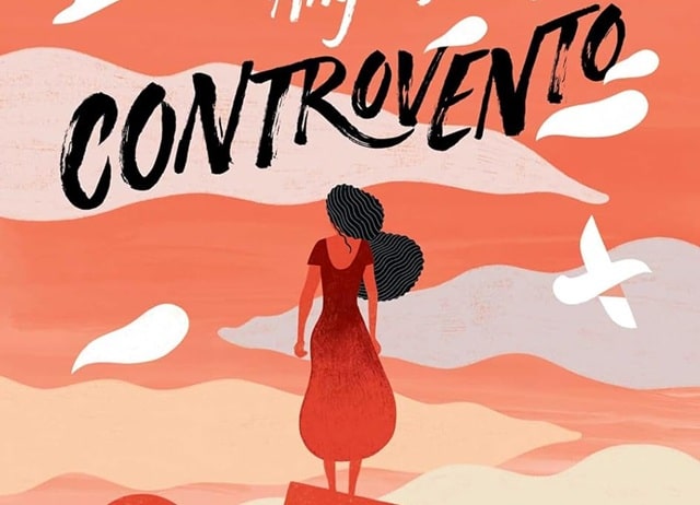 Sulla copertina di Controvento di Ángeles Caso c'è un'illustrazione sui toni dell'arancione, che ritrae una donna di spalle, con lunghi capelli neri, che guarda il sole tramontare nel mare