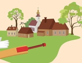 Sulla copertina di Delitto perfetto a Westleham di Catherine Coles c'è un'illustrazione che ritrae su un campo verde alcuni oggetti utili per giocare a cricket, mentre sullo sfondo appaiono alcune abitazione di un piccolo villaggio