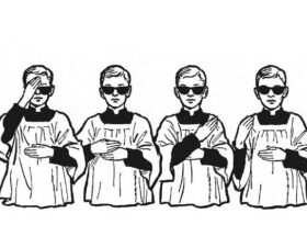 Sulla copertina di Vite pericolose di bravi ragazzi di Chris Fuhrman sono raffigurati quattro chierichetti con gli occhiali da sole