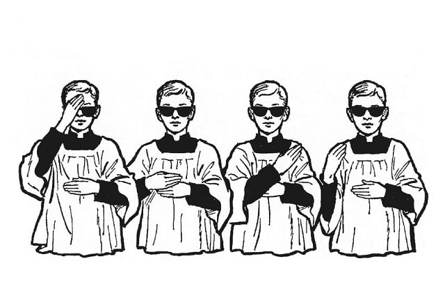 Sulla copertina di Vite pericolose di bravi ragazzi di Chris Fuhrman sono raffigurati quattro chierichetti con gli occhiali da sole