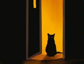 Sulla copertina di Non dire gatto di Cinzia Bomoll c'è il disegno stilizzato di un grande gatto nero, sui cui si apre una porta illuminata da cui si intravede un altro gatto nero