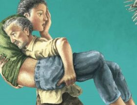 Sulla copertina di Fame d'aria di Daniele Mencarelli c'è un'illustrazione che raffigura un uomo adulto che fugge con in braccio un ragazzo