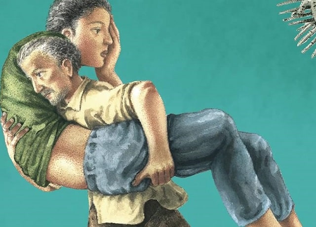 Sulla copertina di Fame d'aria di Daniele Mencarelli c'è un'illustrazione che raffigura un uomo adulto che fugge con in braccio un ragazzo