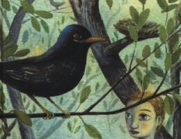 Sulla copertina di Skellig di David Almond c'è un disegno che rappresenta un grosso uccello nero, un gufo e un bambino appoggiati sui rami di un albero
