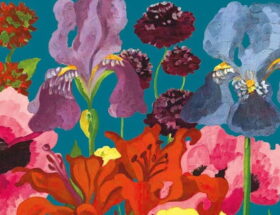 Sulla copertina de Il giardino di Elizabeth di Elizabeth Von Arnim, su sfondo blu sono dipinti numerosi fiori molto colorati, tra cui gigli, iris, papaveri