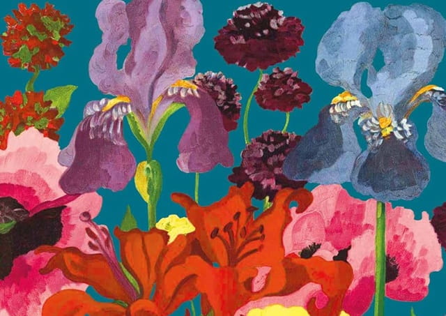 Sulla copertina de Il giardino di Elizabeth di Elizabeth Von Arnim, su sfondo blu sono dipinti numerosi fiori molto colorati, tra cui gigli, iris, papaveri