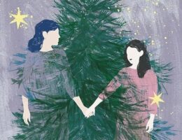Sulla copertina de La porta delle stelle di Ingvild Rishøi c'è un disegno che ritrae due giovani ragazze che si tengono per mano, davanti a un albero di Natale