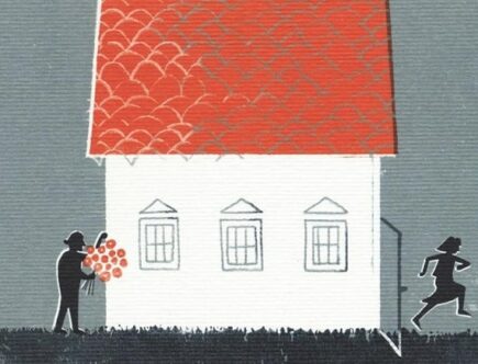 Sulla copertina de Il grande giorno di Jack Ritchie c'è il disegno di una casadal tetto rosso, da cui fugge una figura femminile, mentre arriva un uomo con un mazzo di fiori in mano