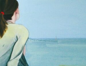 Sulla copertina di A casa di Judith Hermann c'è il disegno di una donna seduta sulla spiaggia, che guarda l'orizzonte sul mare