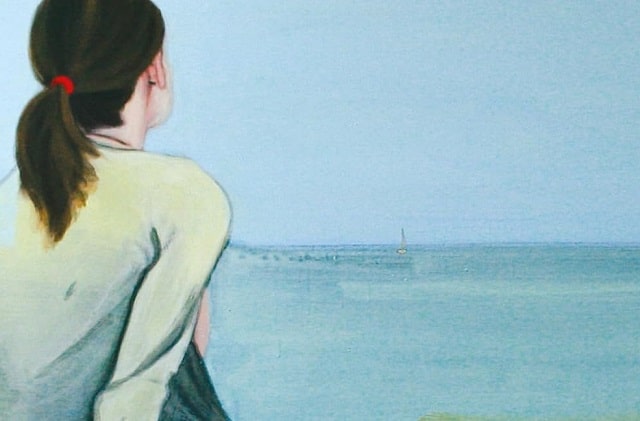 Sulla copertina di A casa di Judith Hermann c'è il disegno di una donna seduta sulla spiaggia, che guarda l'orizzonte sul mare