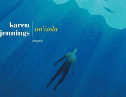 Sulla copertina di Un'isola di Karen Jennings c'è l'illustrazione di una figura umana stilizzata che nuota in un oceano blu