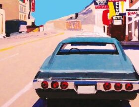 Sulla copertina di Virgil Wander di Leif Enger c'è il particolare di un dipinto, che ritrae una vecchia automobile americana azzurra e sullo sfondo la via di una cittadina della provincia americana