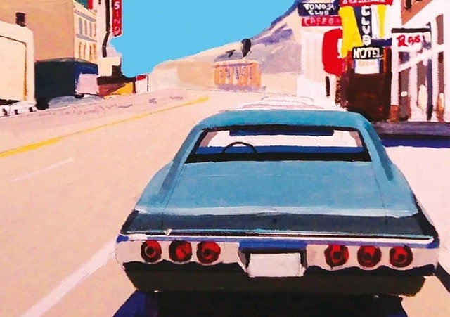 Sulla copertina di Virgil Wander di Leif Enger c'è il particolare di un dipinto, che ritrae una vecchia automobile americana azzurra e sullo sfondo la via di una cittadina della provincia americana