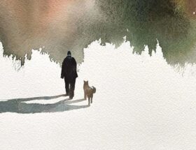 Sulla copertina di Quando le gru volano a sud di Liza Ridzén c'è un'illustrazione ad acquerello che ritrae un uomo che cammina con un cane al suo fianco, verso un bosco all'orizzonte. In cielo volano degli uccelli, le gru.