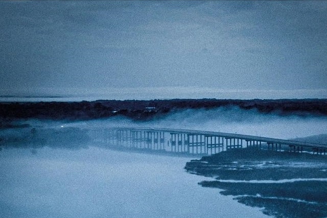 Sulla copertina di Che fine ha fatto Janice Gantry? di John D. MacDonald c'è l'immagine di un ponte sospeso su un fiume e immerso nella nebbia della sera