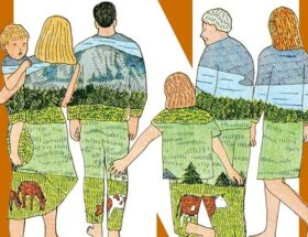 Sulla copertina di Piccola storia grande di Marion Fayolle c'è l'illustrazione di una famiglia che cammina per mano e che dentro i suoi contorni ha un paesaggio rurale, con verdi prati e mucche
