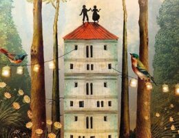 Sulla copertina di Bucaneve di Melissa Da Costa c'è l'illustrazione di una torre dal tetto rosso, sul cui tetto due figurine - un maschio e una femmina - sembrano danzare. La torre è circondata da lanterne e uccellini, e posizionata in un bosco.