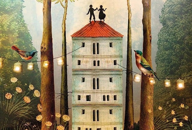 Sulla copertina di Bucaneve di Melissa Da Costa c'è l'illustrazione di una torre dal tetto rosso, sul cui tetto due figurine - un maschio e una femmina - sembrano danzare. La torre è circondata da lanterne e uccellini, e posizionata in un bosco.