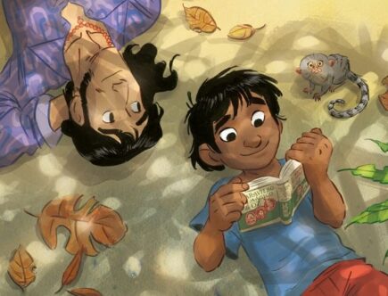 Sulla copertina de Il contastorie di Teresa Radice e Stefano Turconi ci sono disegnati i due protagonisti: sdraiati per terra, Pedro legge un libro e Cent lo osserva