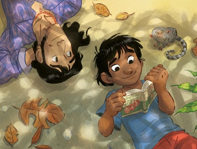 Sulla copertina de Il contastorie di Teresa Radice e Stefano Turconi ci sono disegnati i due protagonisti: sdraiati per terra, Pedro legge un libro e Cent lo osserva