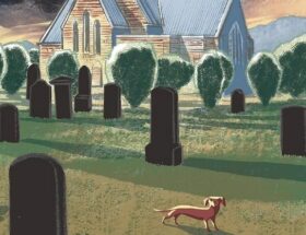 Sulla copertina di Delitto all'ora del vespro di Richard Coles c'è l'illustrazione di una chiesa sulla sfondo, con davanti un cimitero e tra le lapidi un piccolo cane bassotto