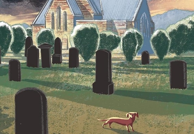 Sulla copertina di Delitto all'ora del vespro di Richard Coles c'è l'illustrazione di una chiesa sulla sfondo, con davanti un cimitero e tra le lapidi un piccolo cane bassotto