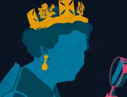 sulla copertina de Il nodo Windsor di S.J. Bennett c'è la foto stilizzata della Regina Elisabetta II d'Inghilterra che impugna una lente d'ingrandimento per indagare su un mistero