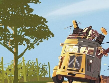 Sulla copertina di Una catastrofe divina di Thomas Montasser c'è un'illustrazione che rappresenta un furgoncino guidato da una suora, carico di strumenti musicali